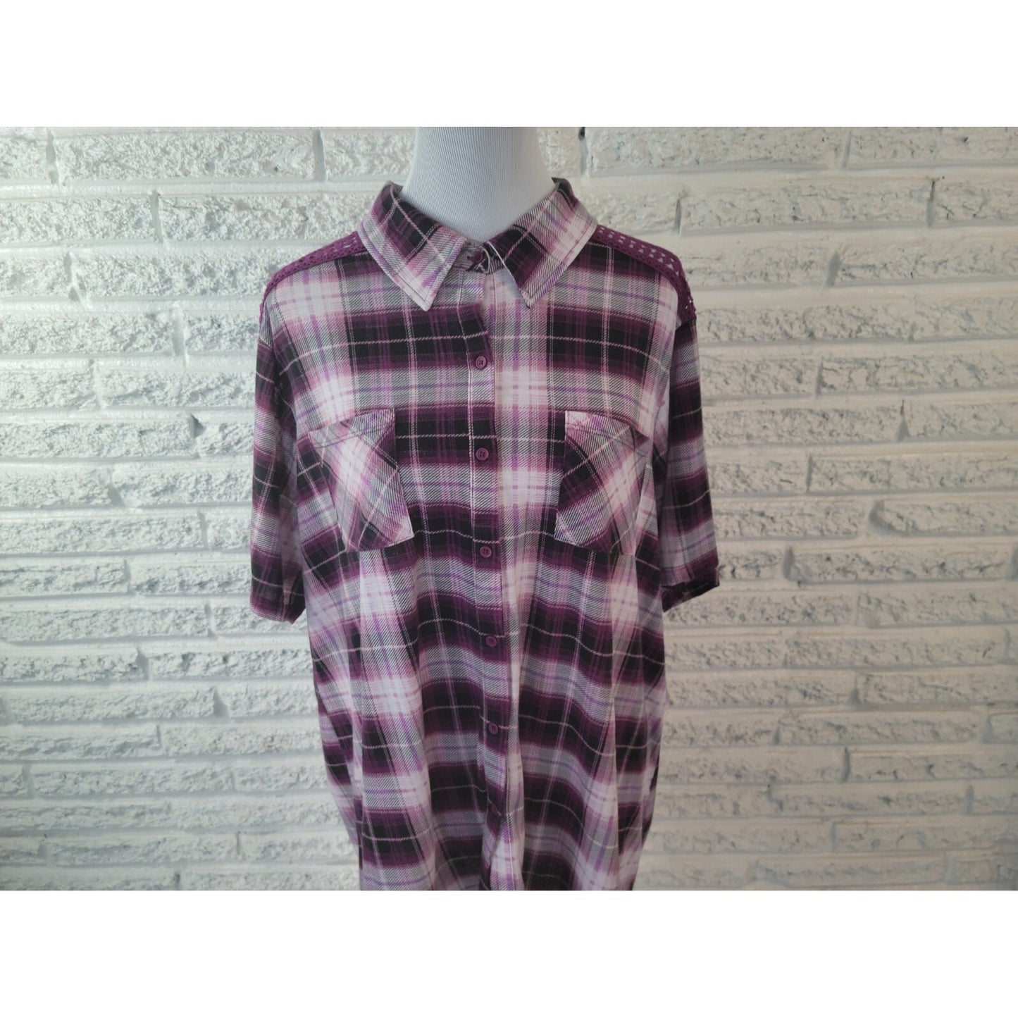 Avenue Womens Shirt 26 28 Plus Collar Button Up Purple Plaid Crochet Shoulder