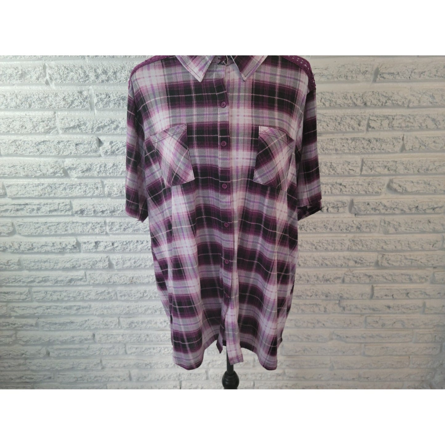 Avenue Womens Shirt 26 28 Plus Collar Button Up Purple Plaid Crochet Shoulder