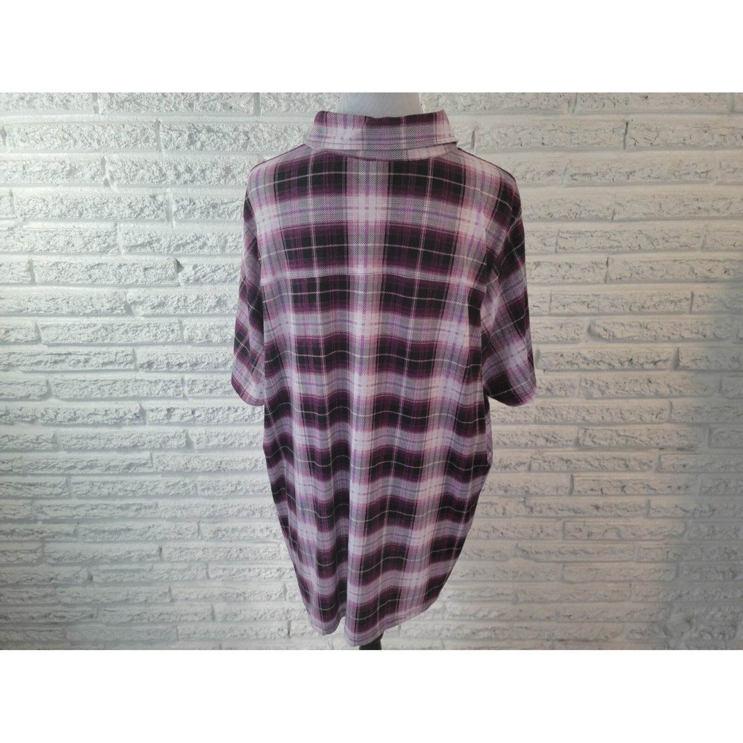 Avenue Womens Shirt 26 28 Plus Collar Button Up Purple Plaid Crochet Shoulder