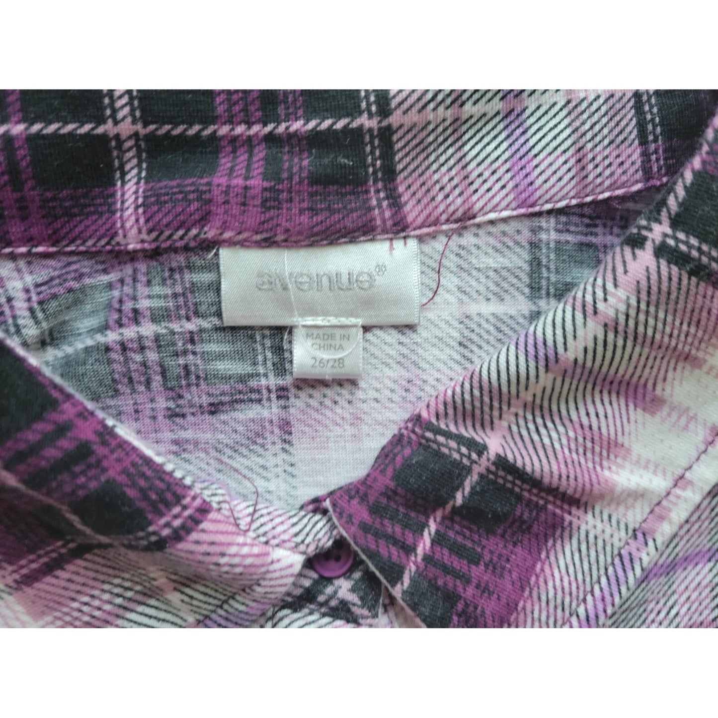 Avenue Womens Shirt 26 28 Plus Collar Button Up Purple Plaid Crochet Shoulder