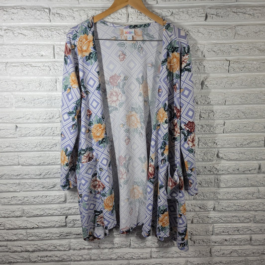 Lularoe Womens Top Extra Large Cardigan Open Blue Gold Floral Pockets Poly Blend