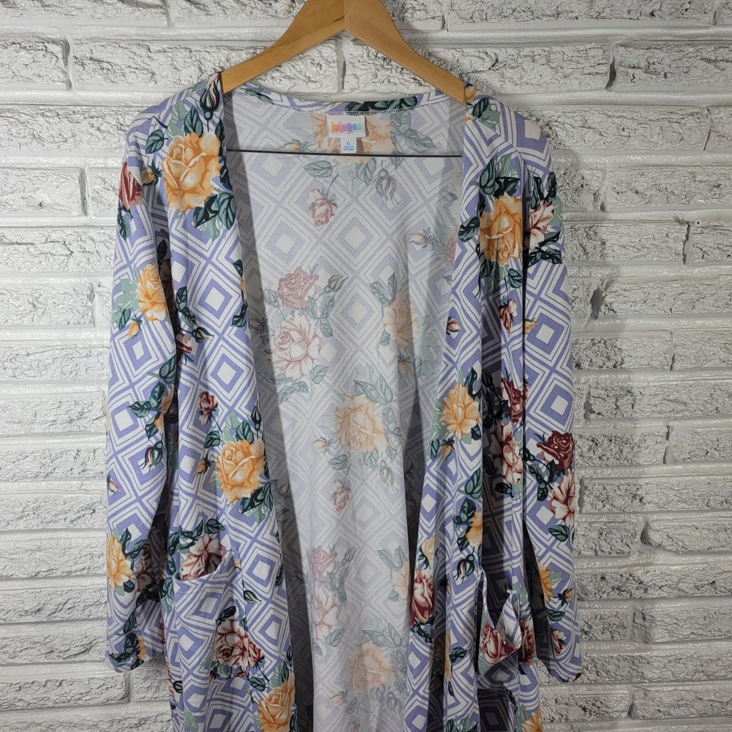 Lularoe Womens Top Extra Large Cardigan Open Blue Gold Floral Pockets Poly Blend