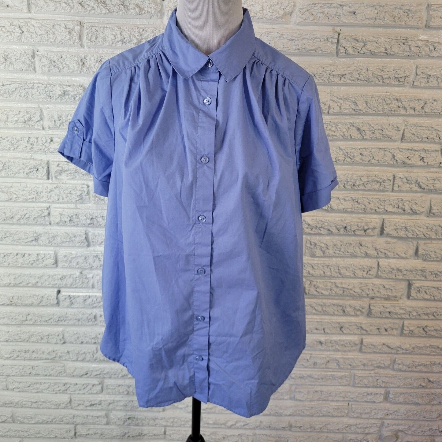 Roamans Womens Top 18W Plus Cuff Sleeve Blue Cotton Blend Casual Lightweight