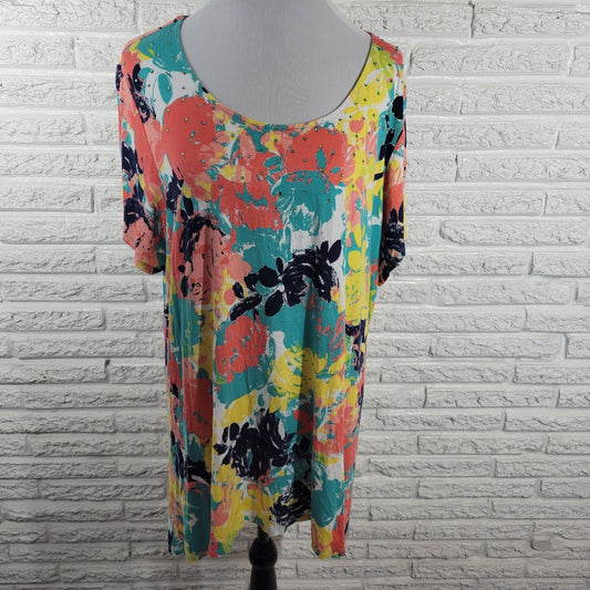 Ruby Rd Womens Top 1X Plus Tunic Pink Yellow Floral Rayon Spandex Asymmetric