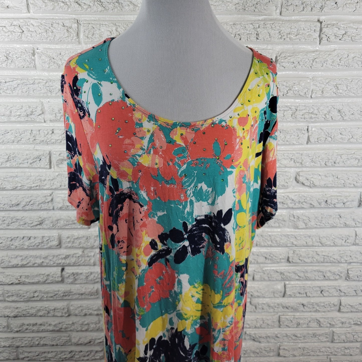Ruby Rd Womens Top 1X Plus Tunic Pink Yellow Floral Rayon Spandex Asymmetric