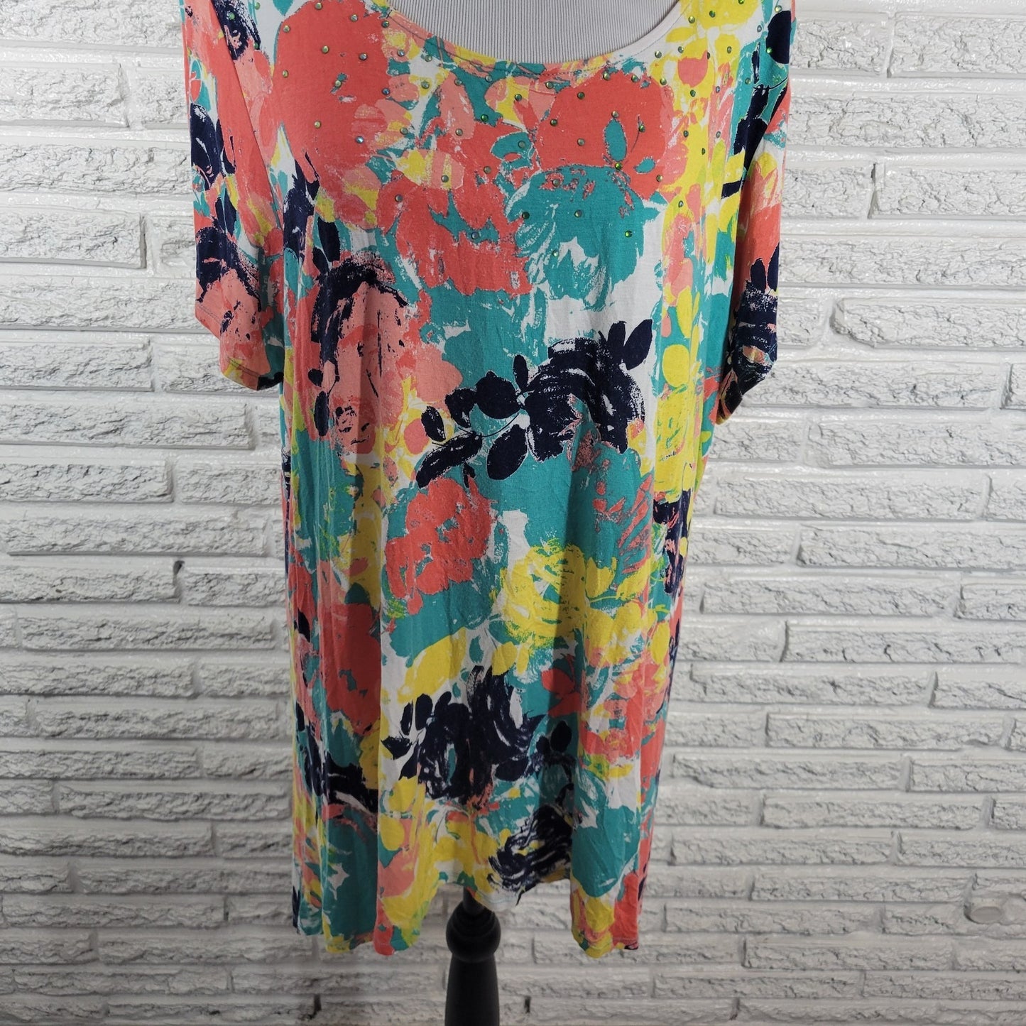 Ruby Rd Womens Top 1X Plus Tunic Pink Yellow Floral Rayon Spandex Asymmetric
