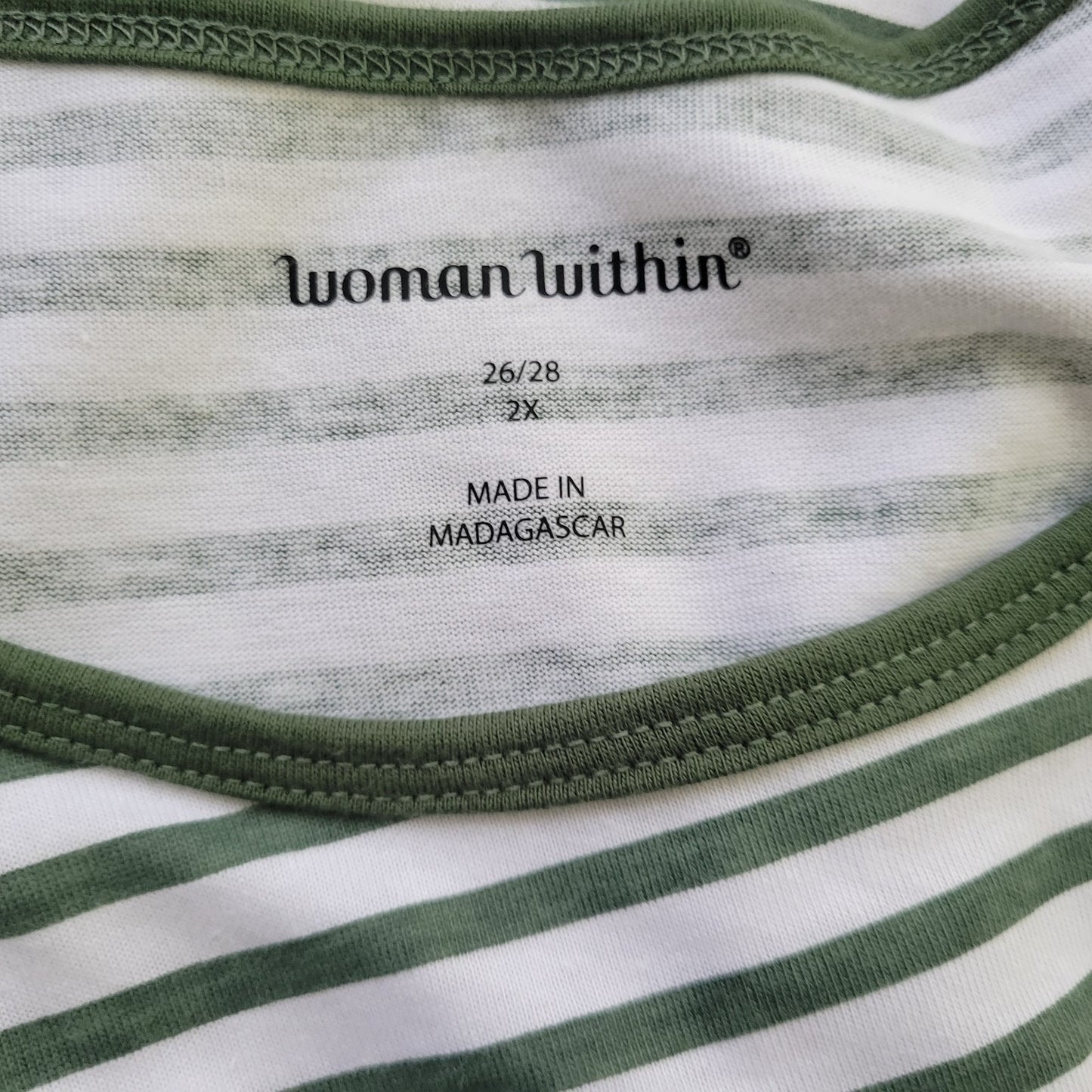 Woman Within Women's 2X Green White Stripe Tunic Top 3/4 Raglan STR91E