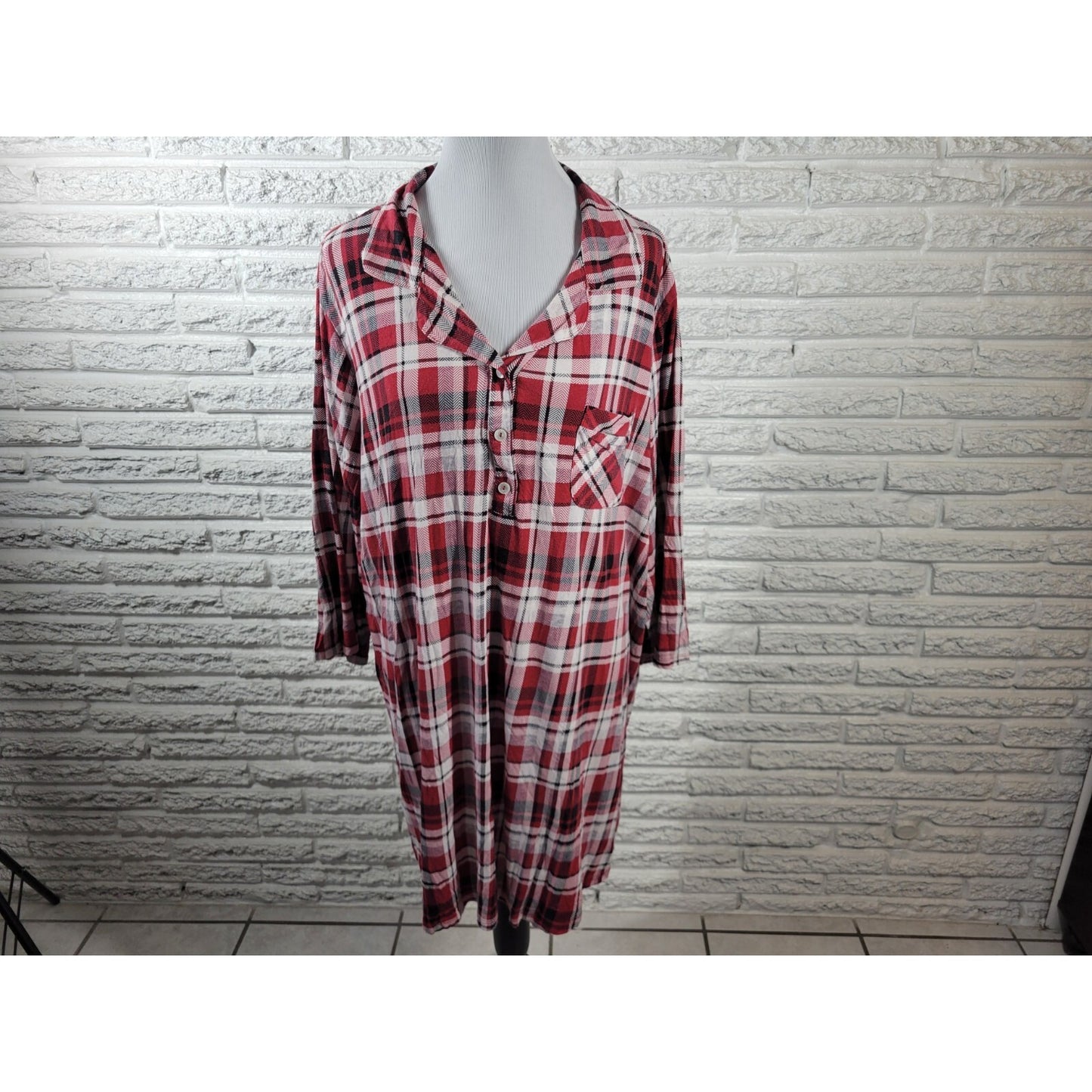 Cato Est 1946 Womens Top 2X Plus Pajama 3/4 Sleeve Red Plaid Pocket Loungewear