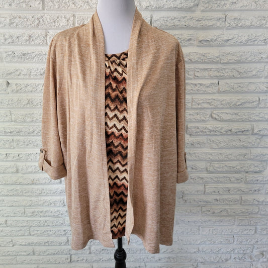 Faded Glory Womens Top 2X 18W 20W Plus 3/4 Sleeve with Tank Brown Tan Zig Zag