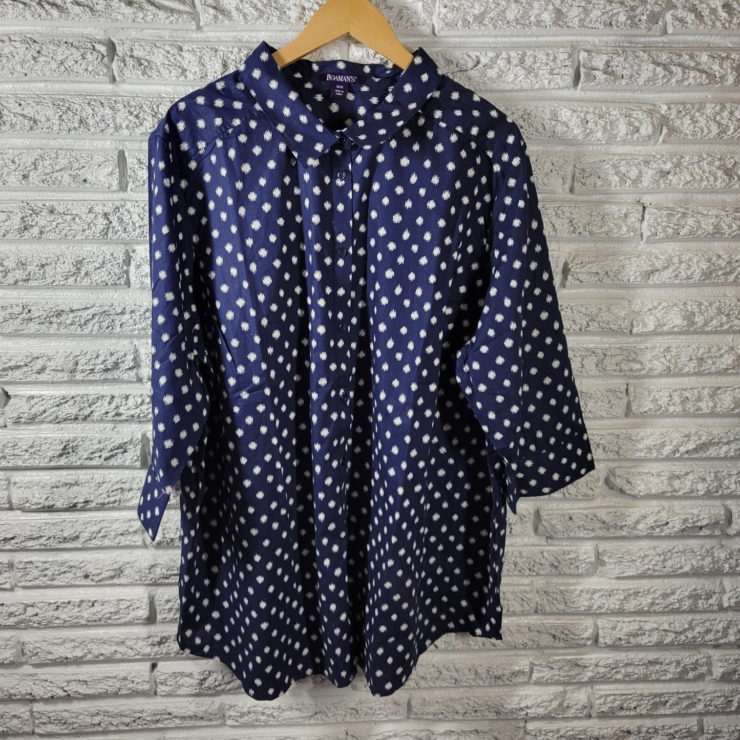 Roamans Women Top 26W Plus Tunic 3/4 Sleeve Blue Watercolor Lightweight Cotton