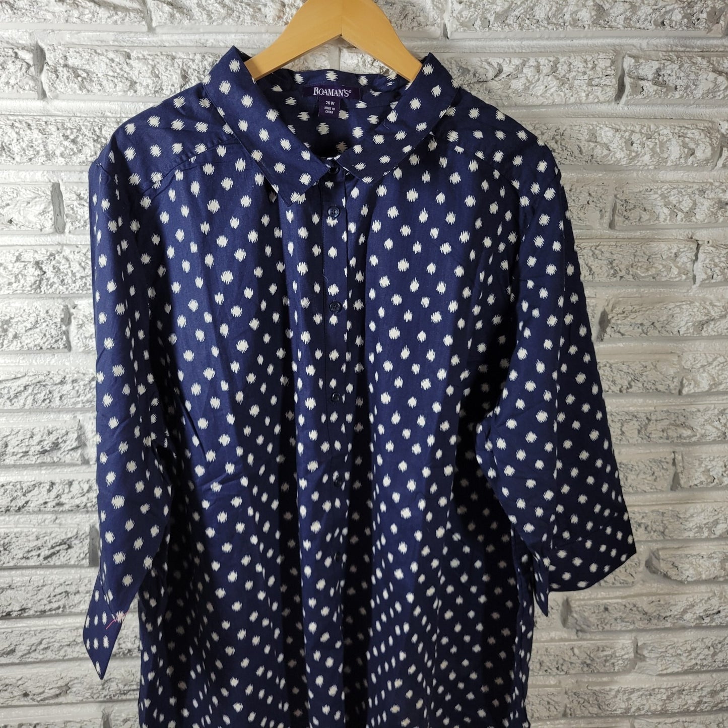 Roamans Women Top 26W Plus Tunic 3/4 Sleeve Blue Watercolor Lightweight Cotton