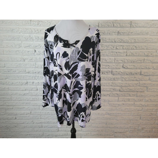 CJ Banks Womens Top 1X Plus Tunic 3/4 Sleeve Lace Up Poly Blend Black Floral