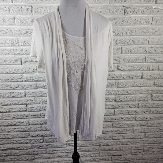 Carole Little Women Top 1X Plus Short Sleeve White Beaded Overlay Casual Layered