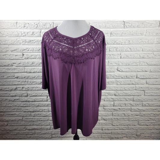 Terra Sky Womens Top 2X Plus Short Sleeve Purple Lace Poly Blend Stretchy Casual