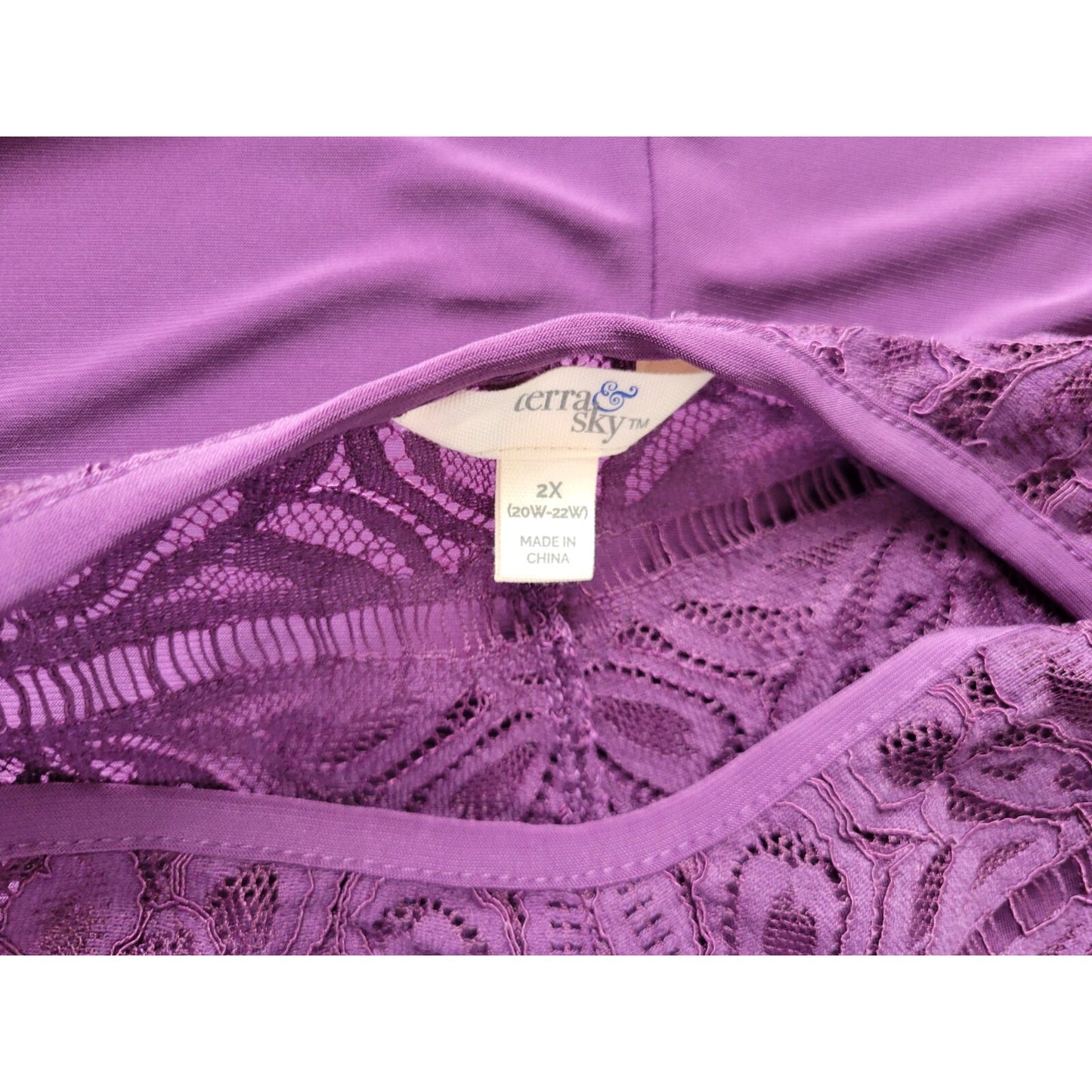 Terra Sky Womens Top 2X Plus Short Sleeve Purple Lace Poly Blend Stretchy Casual