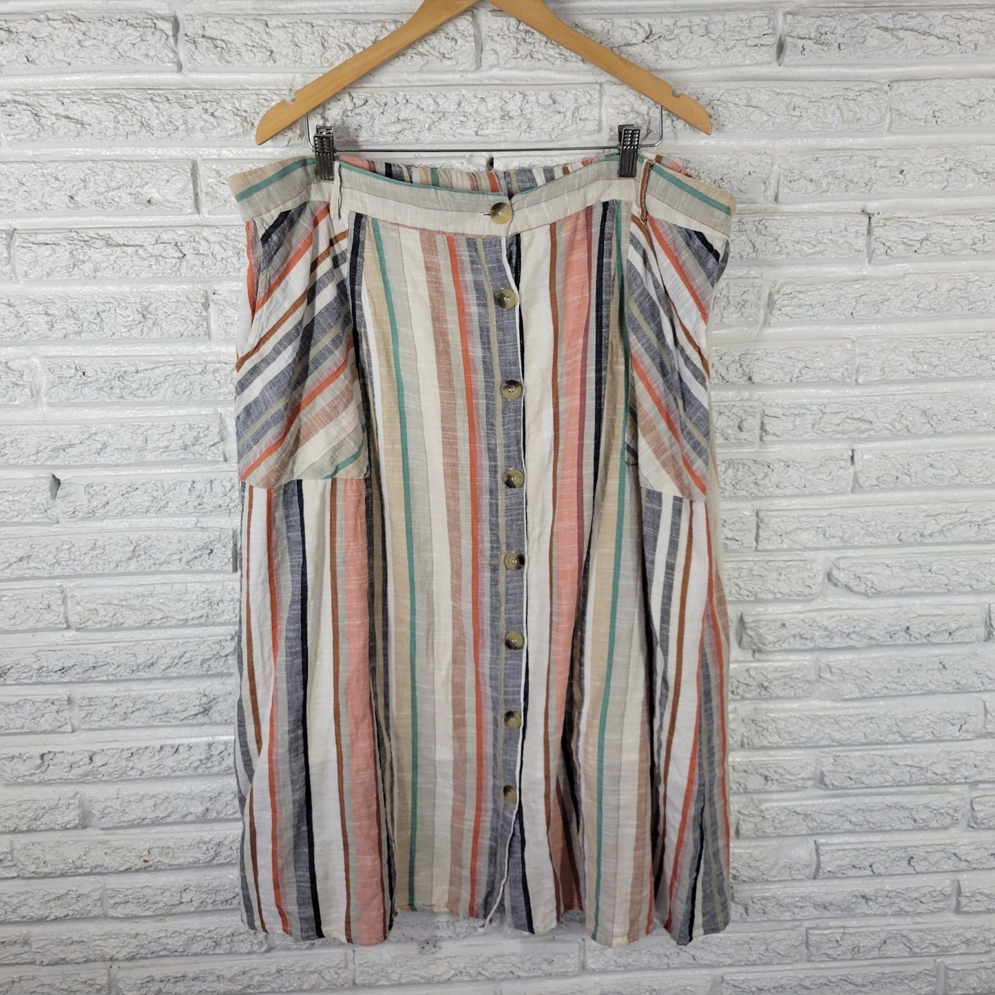 Mlle Gabrielle Womens Skirt 3X Plus Midi Pencil Brown Stripe Button Lightweight