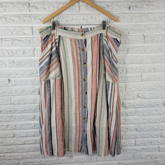 Mlle Gabrielle Womens Skirt 3X Plus Midi Pencil Brown Stripe Button Lightweight