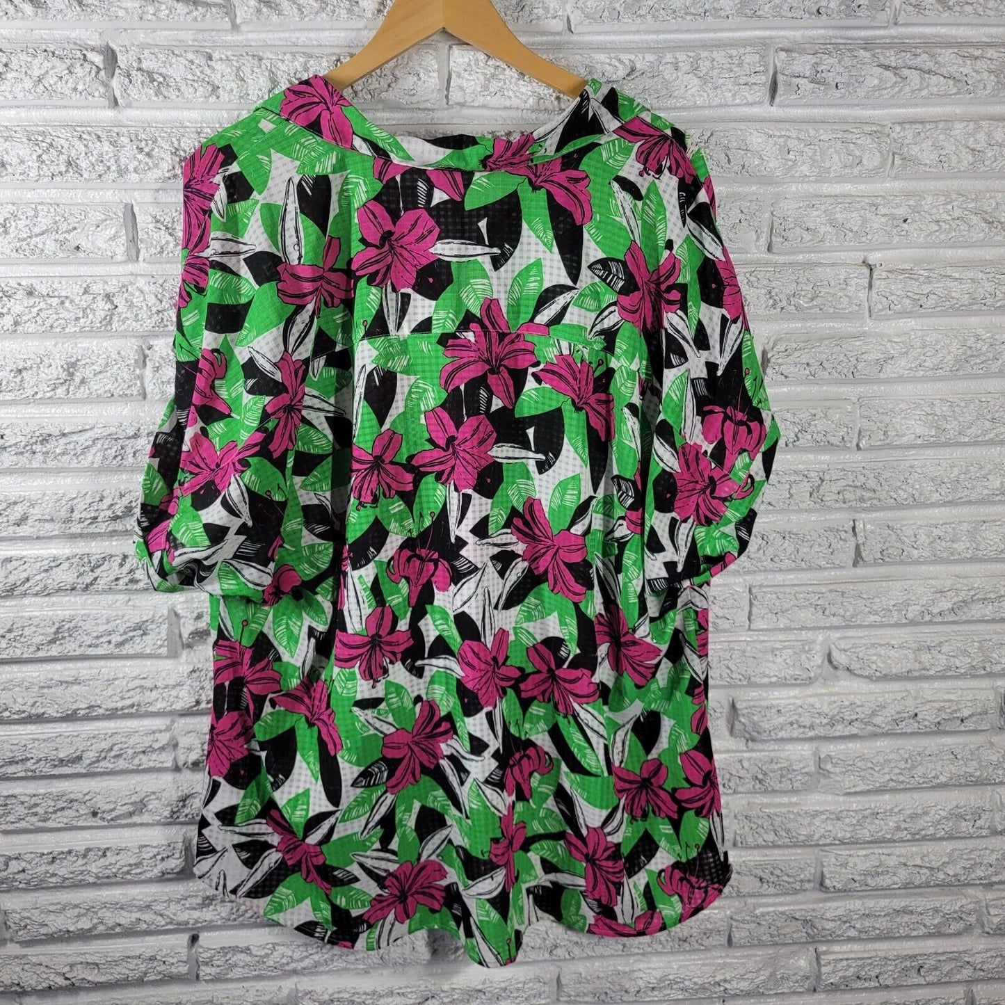 Kim Rogers Women Top 3X Collar Button Up Green Pink Floral Sheer Polyester
