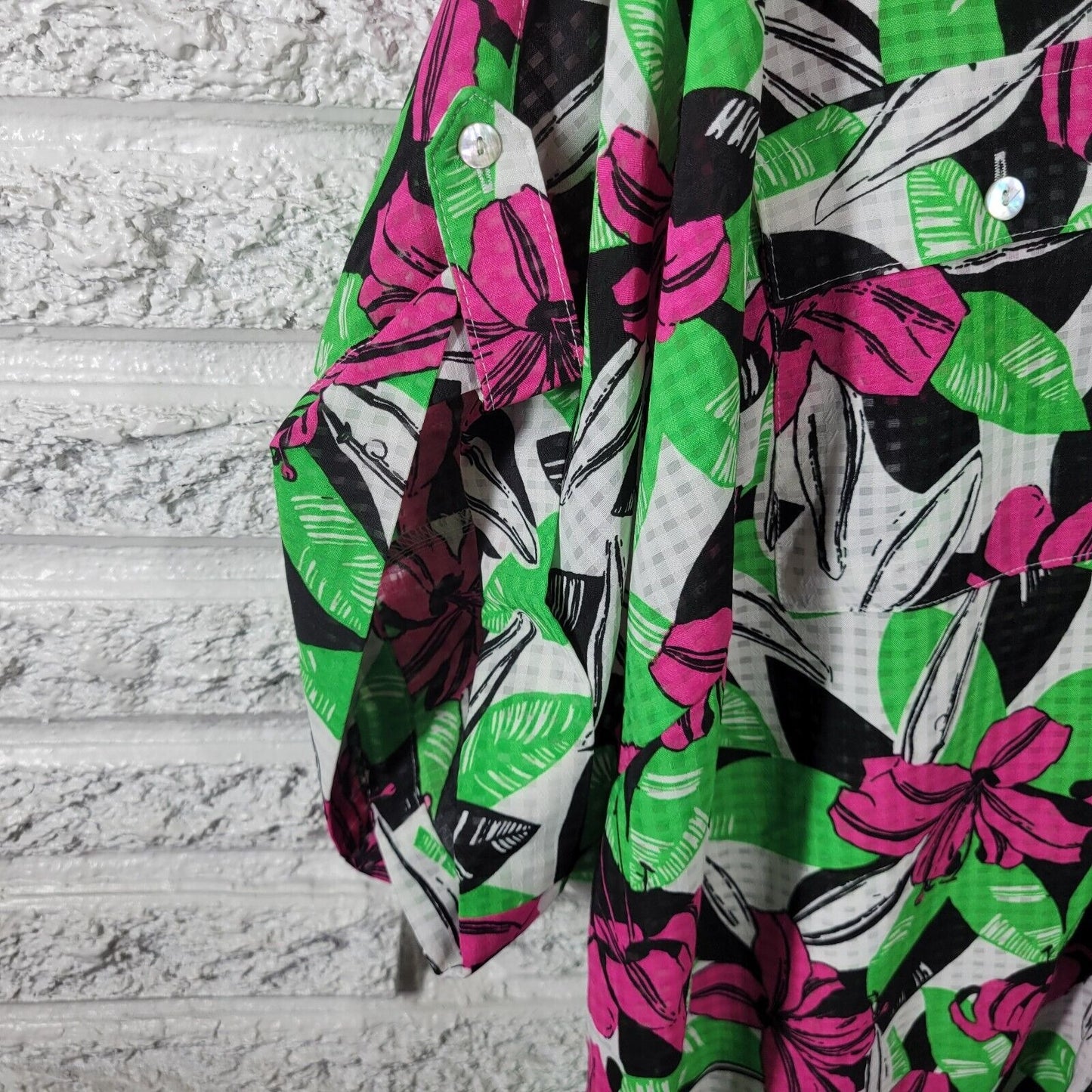 Kim Rogers Women Top 3X Collar Button Up Green Pink Floral Sheer Polyester