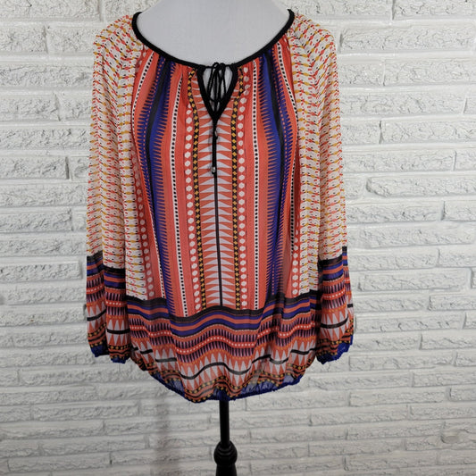 Zac & Rachel Women 1X Plus Blouse Orange Blue Geometric Keyhole Long Sleeve