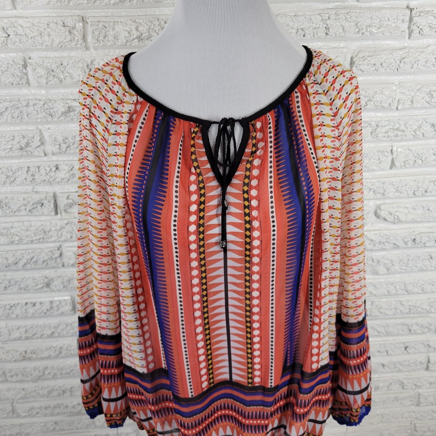 Zac & Rachel Women 1X Plus Blouse Orange Blue Geometric Keyhole Long Sleeve