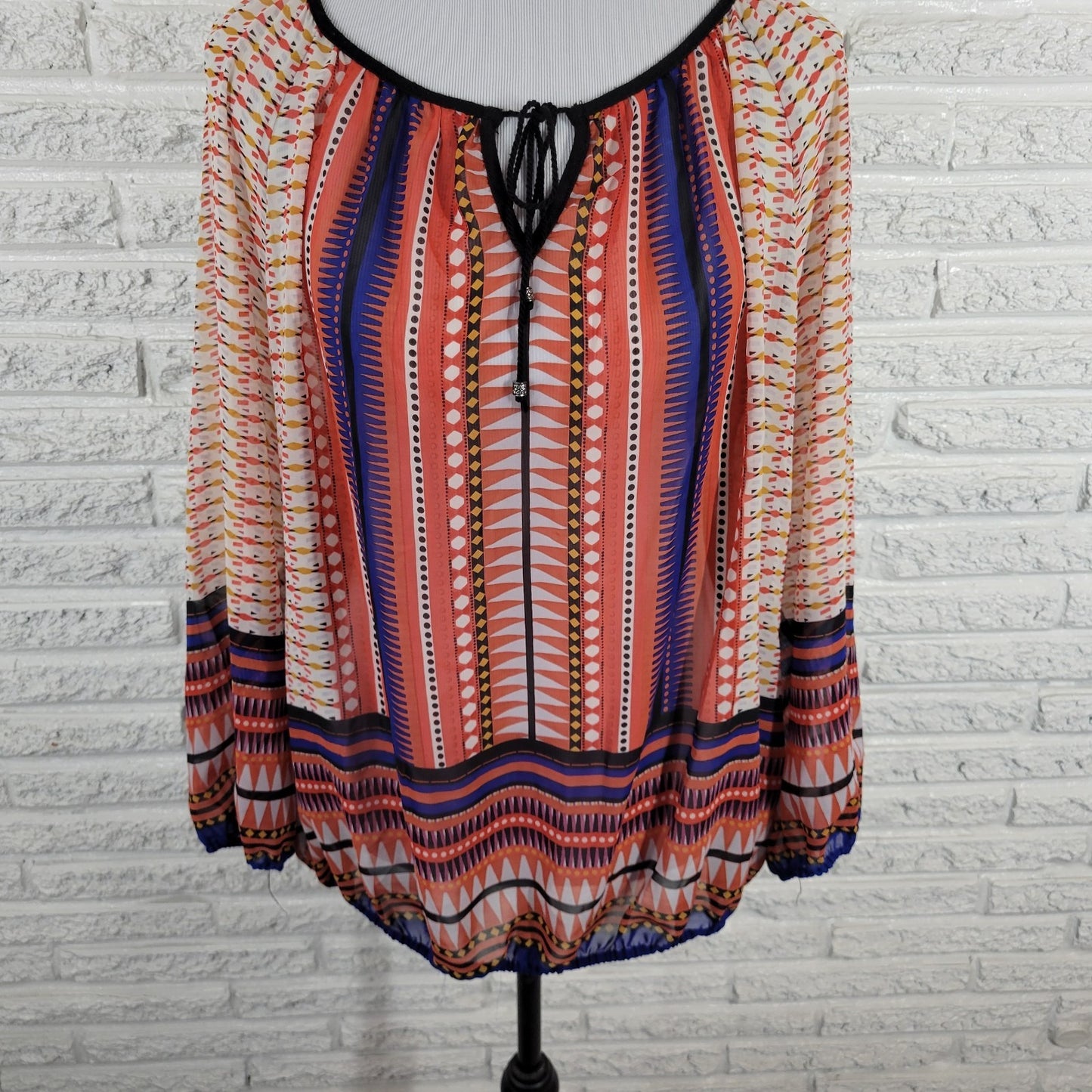 Zac & Rachel Women 1X Plus Blouse Orange Blue Geometric Keyhole Long Sleeve