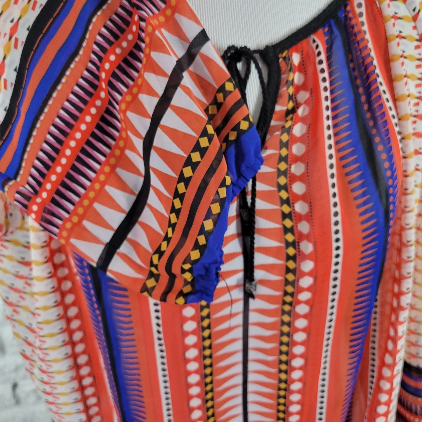 Zac & Rachel Women 1X Plus Blouse Orange Blue Geometric Keyhole Long Sleeve