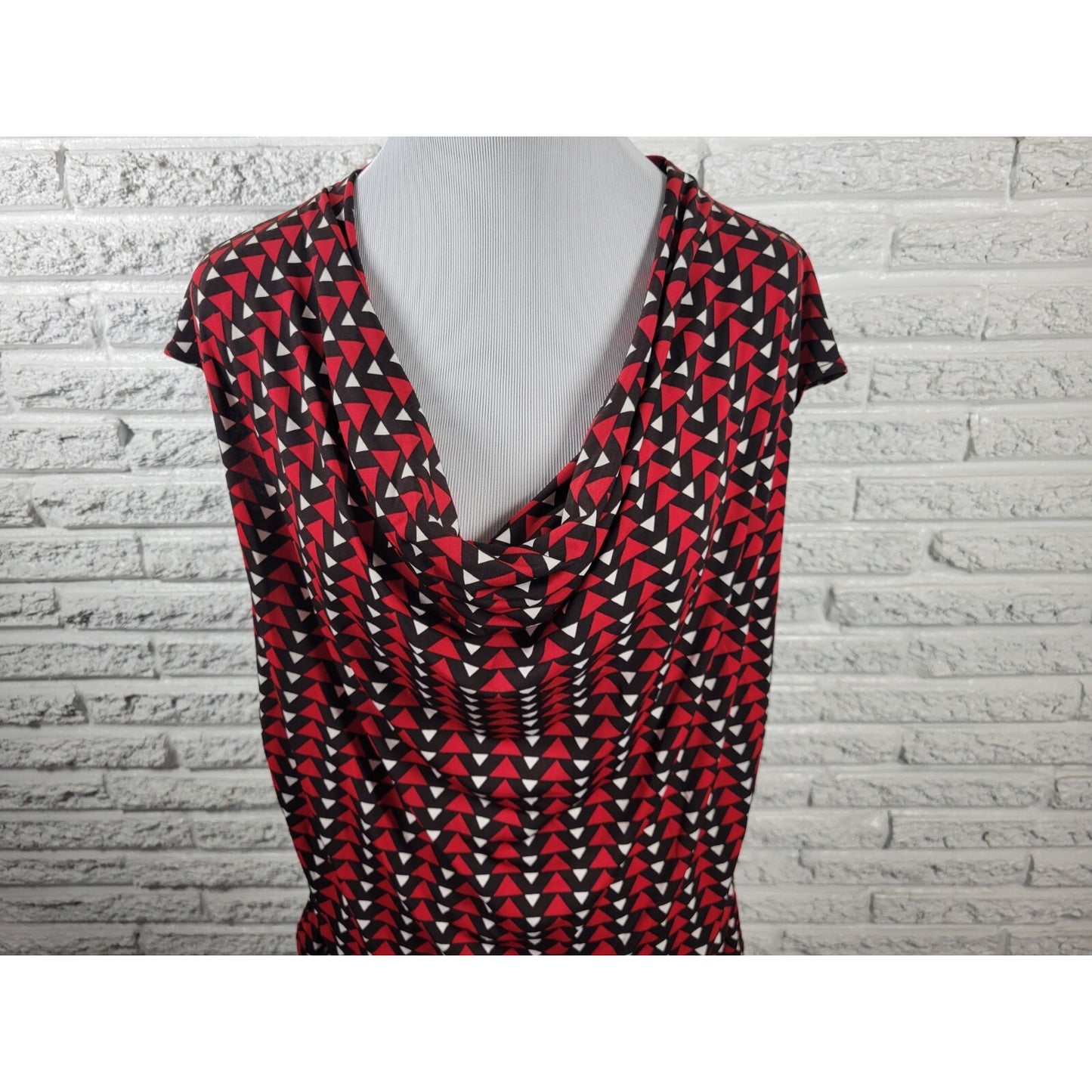 Worthington Women's 1X Plus Top Blouse Red Geometric Triangle Cowl Neck