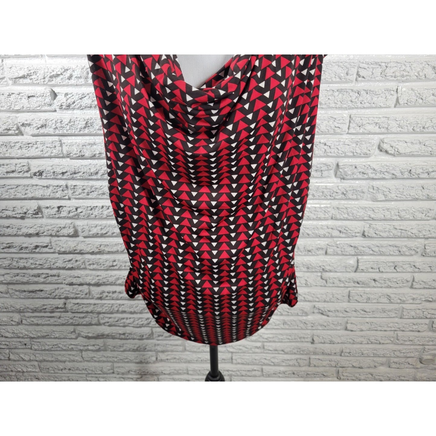 Worthington Women's 1X Plus Top Blouse Red Geometric Triangle Cowl Neck