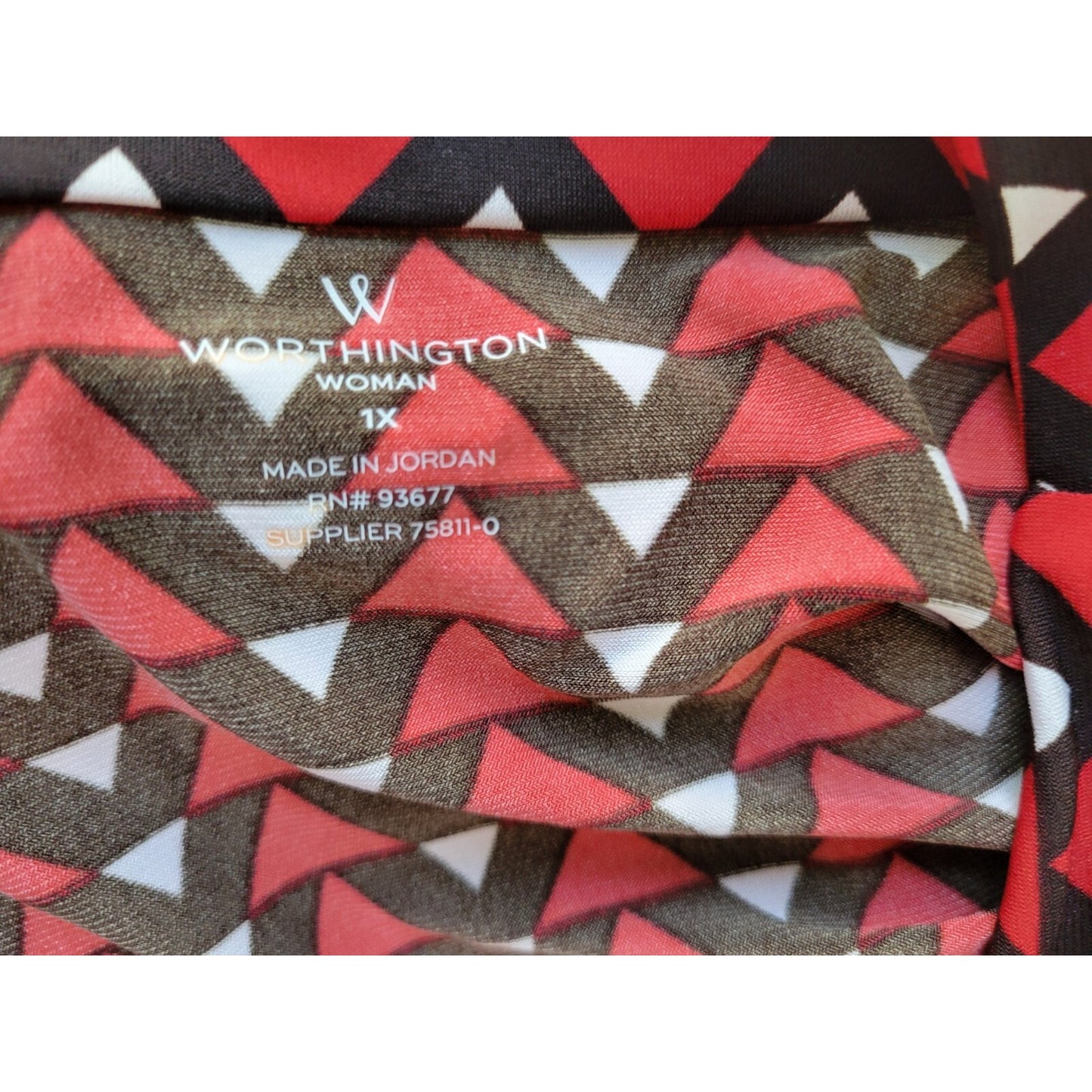 Worthington Women's 1X Plus Top Blouse Red Geometric Triangle Cowl Neck