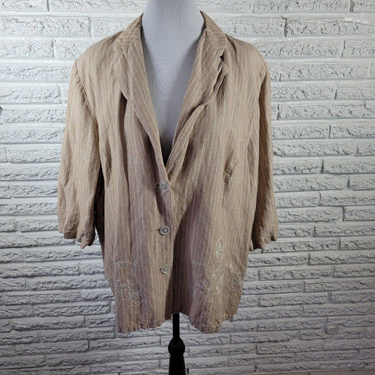 Maggie Barnes Womens Jacket 2X Blazer Tan Stripe Embroidered Lined Lightweight