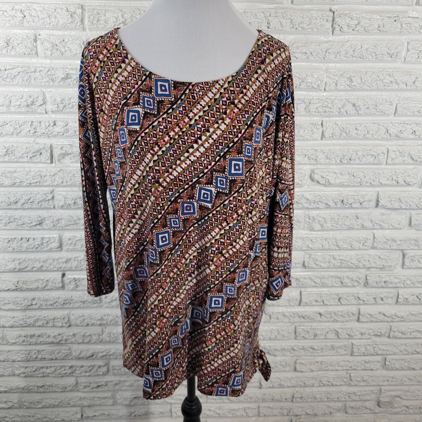 Carol Taylor Womens Top XL 3/4 Dolman Sleeve Brown Geometric Tied Hem Poly Blend
