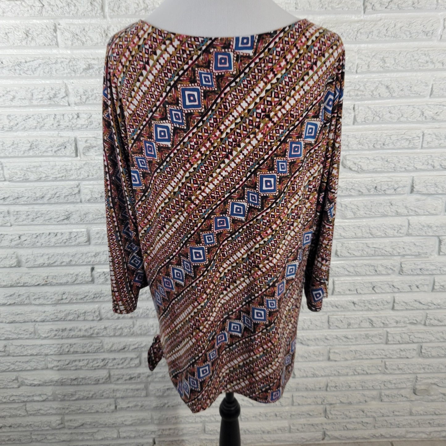 Carol Taylor Womens Top XL 3/4 Dolman Sleeve Brown Geometric Tied Hem Poly Blend