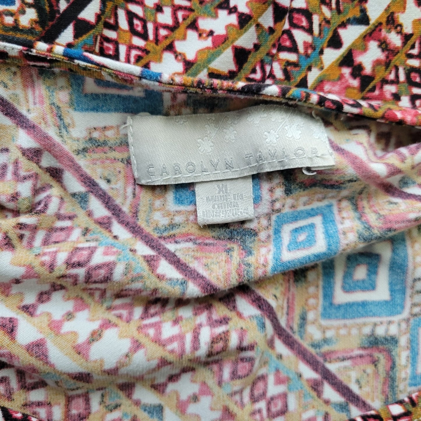 Carol Taylor Womens Top XL 3/4 Dolman Sleeve Brown Geometric Tied Hem Poly Blend