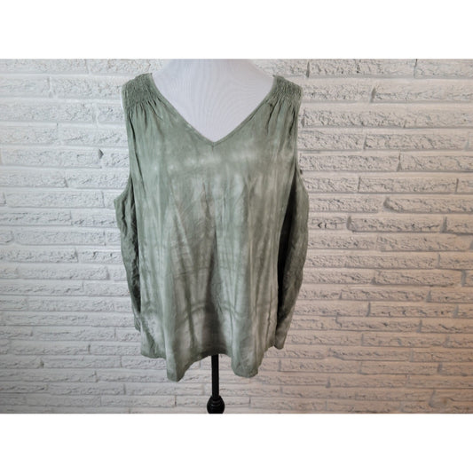Time Tru Women Top XXXL 22 Plus Tank Green Tie Dye Linen Rayon Smocked Shoulder