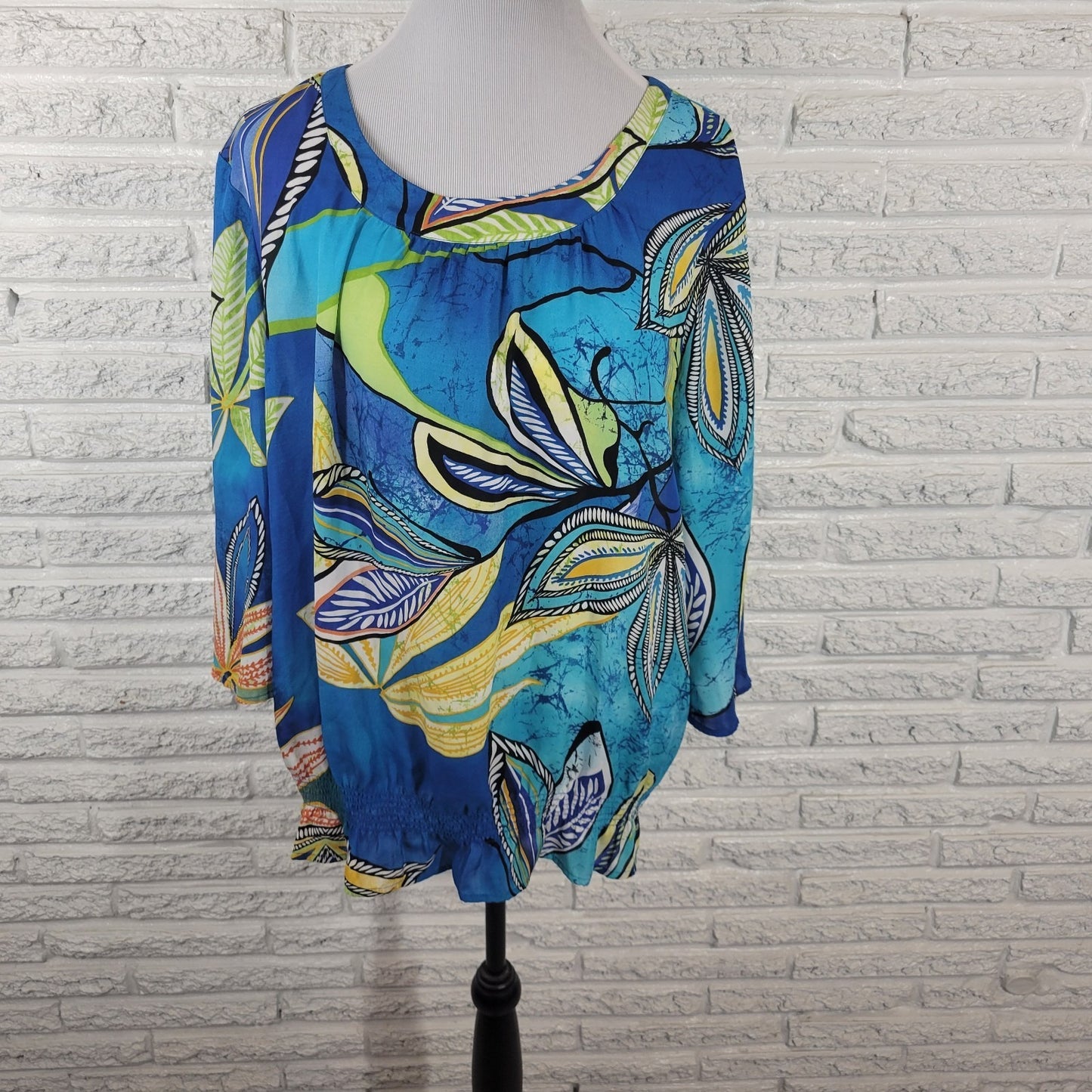 Chicos Womens Top 3 Standard XL 3/4 Sleeve Blue Floral Casual Elastic Waist