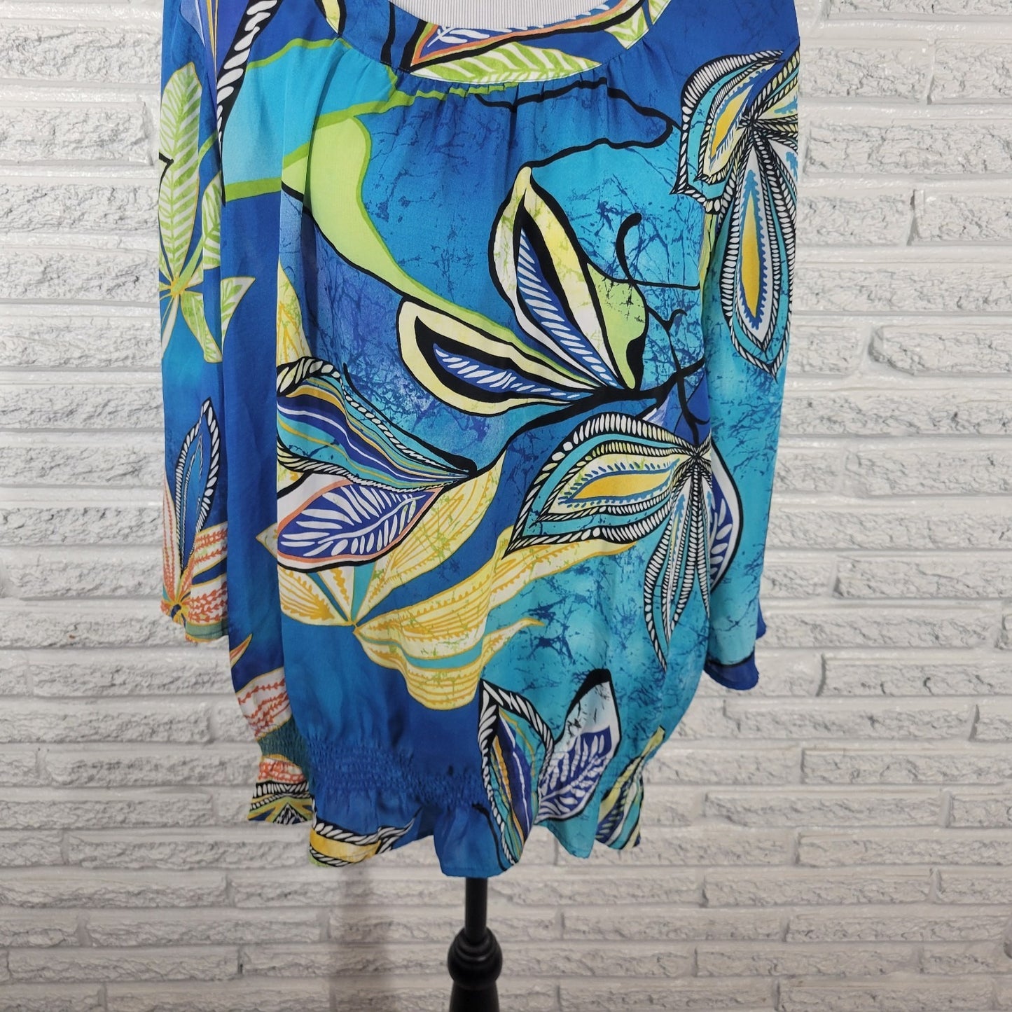 Chicos Womens Top 3 Standard XL 3/4 Sleeve Blue Floral Casual Elastic Waist