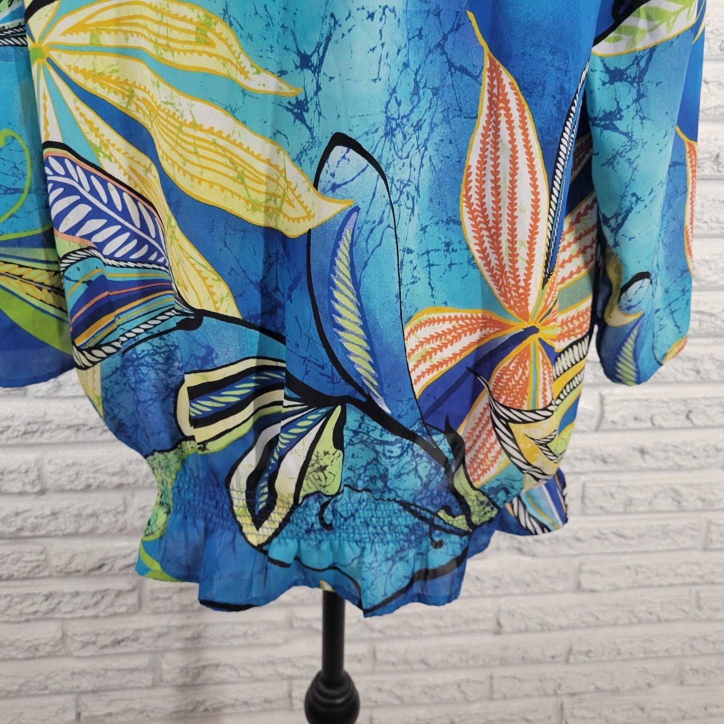 Chicos Womens Top 3 Standard XL 3/4 Sleeve Blue Floral Casual Elastic Waist