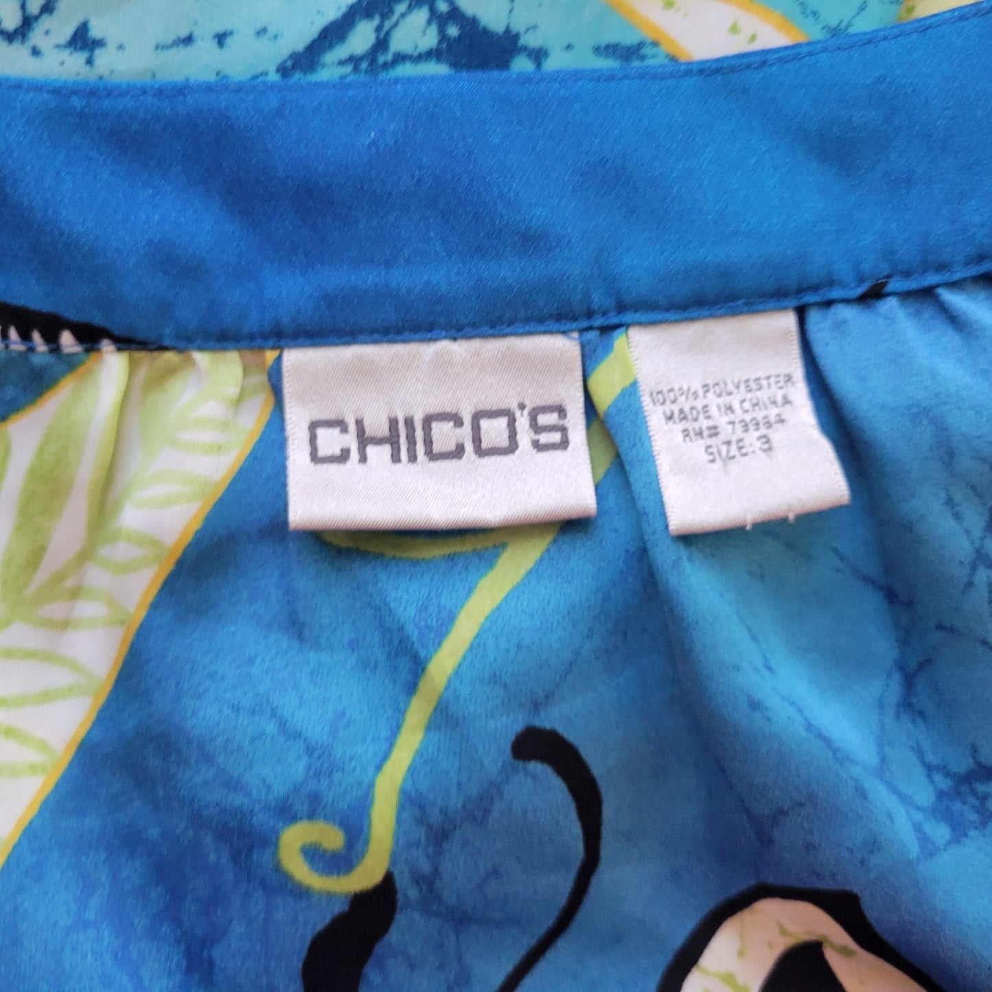 Chicos Womens Top 3 Standard XL 3/4 Sleeve Blue Floral Casual Elastic Waist