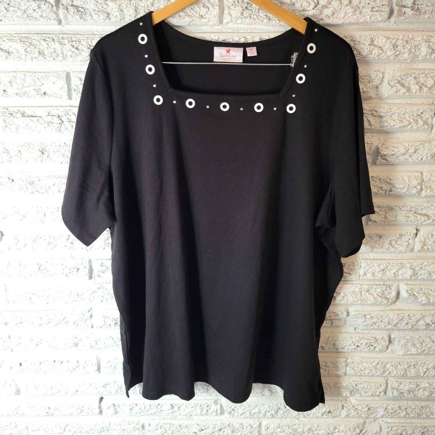 Quacker Factory QVC Womens Top 3X Plus Tunic Short Sleeve Black Rhinestones
