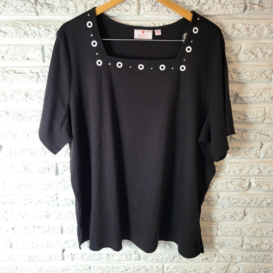 Quacker Factory QVC Womens Top 3X Plus Tunic Short Sleeve Black Rhinestones
