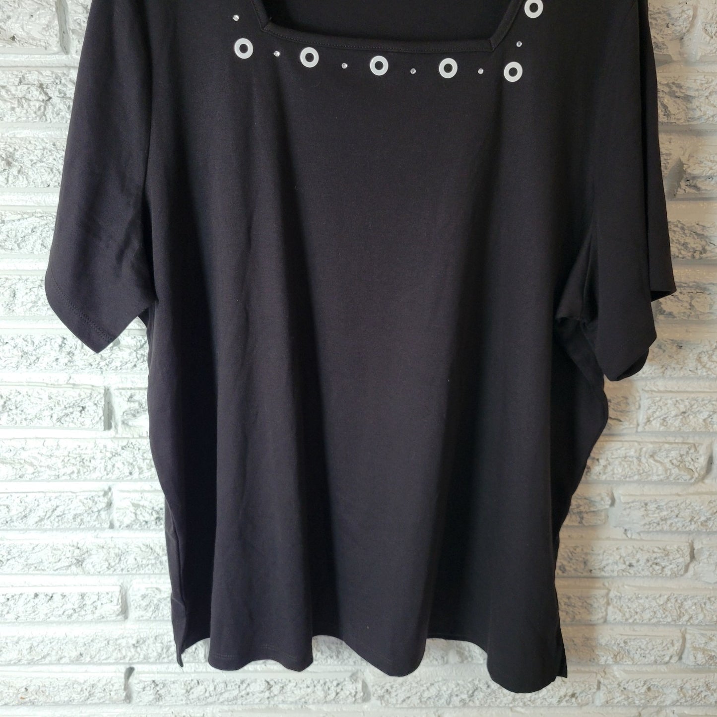 Quacker Factory QVC Womens Top 3X Plus Tunic Short Sleeve Black Rhinestones