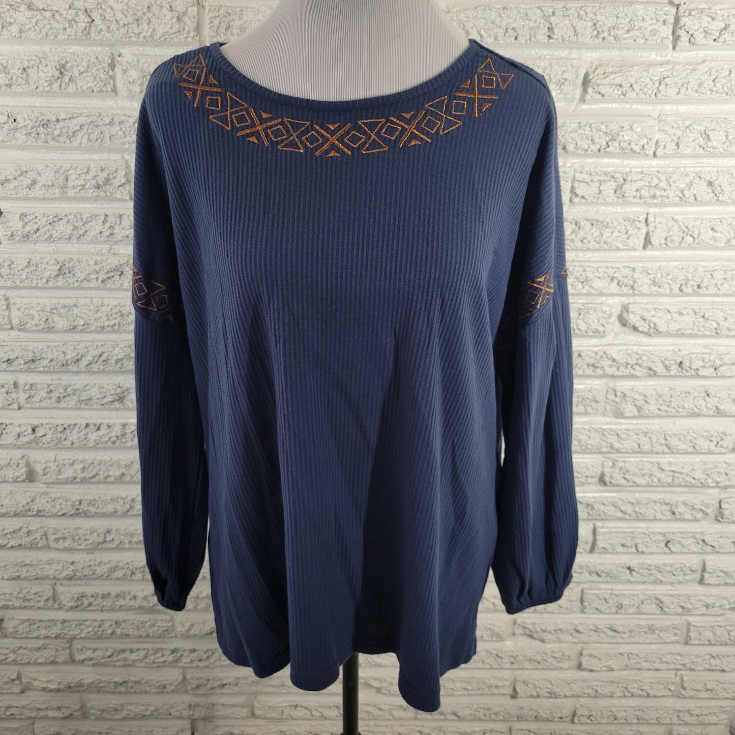 Cruel Denim Women Top XXL Plus 3/4 Sleeve Blue Embroidered Metallic Thread Comfy