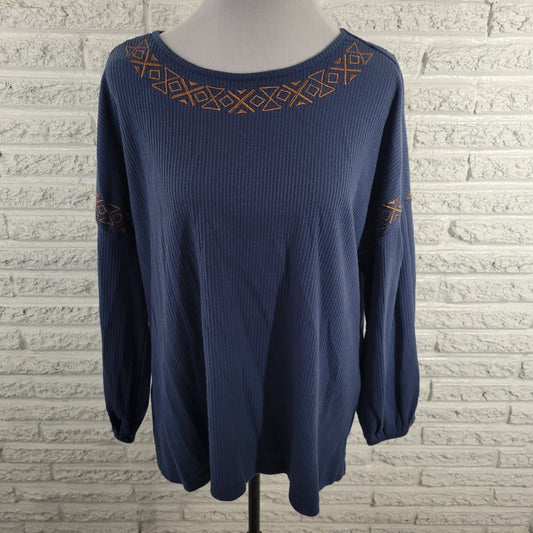 Cruel Denim Women Top XXL Plus 3/4 Sleeve Blue Embroidered Metallic Thread Comfy