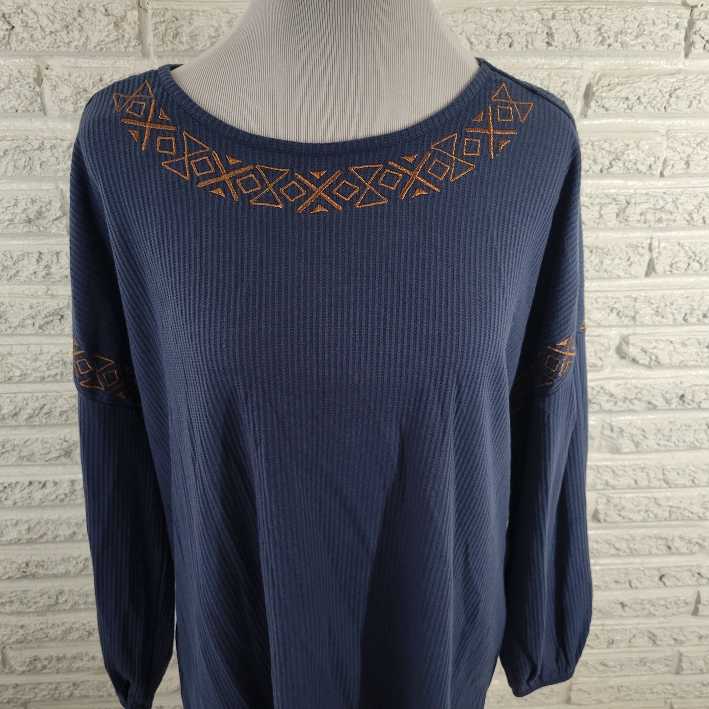 Cruel Denim Women Top XXL Plus 3/4 Sleeve Blue Embroidered Metallic Thread Comfy