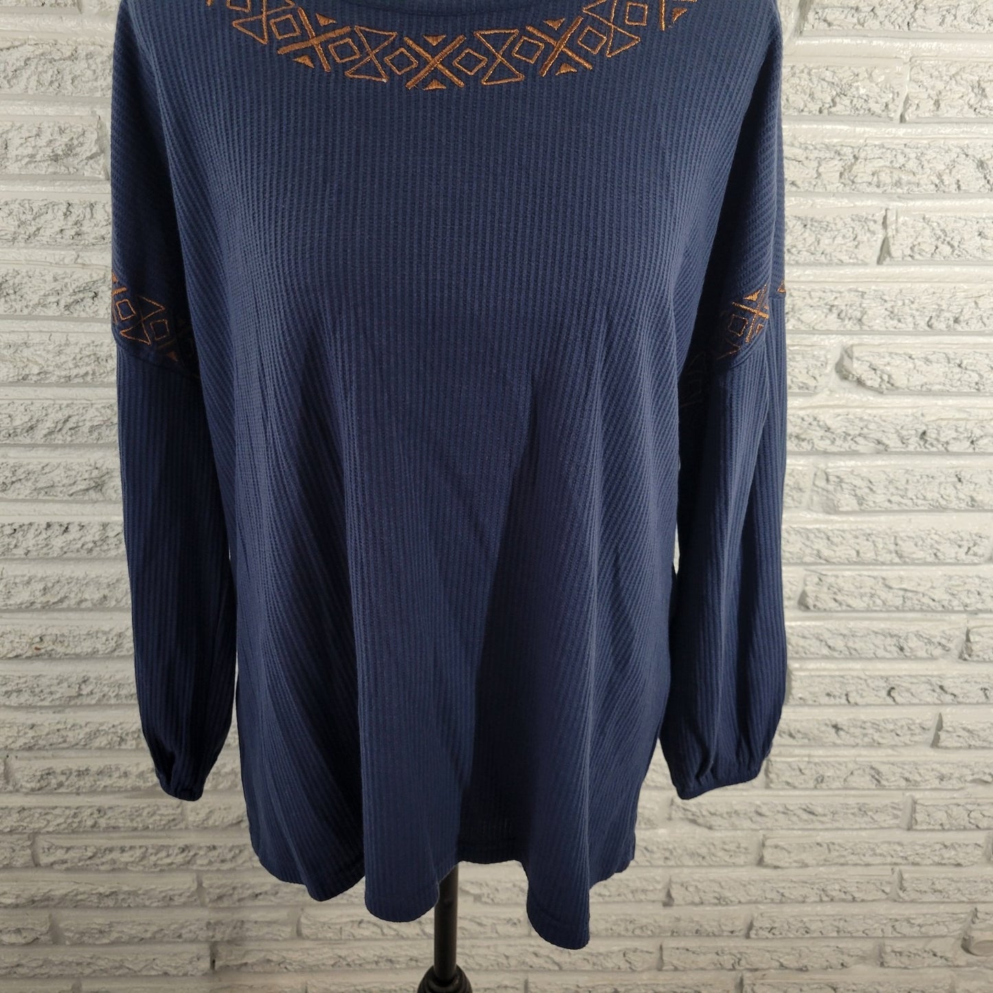 Cruel Denim Women Top XXL Plus 3/4 Sleeve Blue Embroidered Metallic Thread Comfy