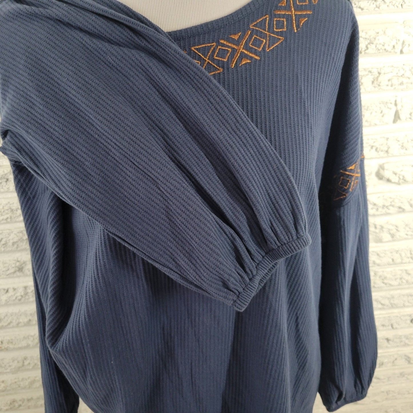 Cruel Denim Women Top XXL Plus 3/4 Sleeve Blue Embroidered Metallic Thread Comfy