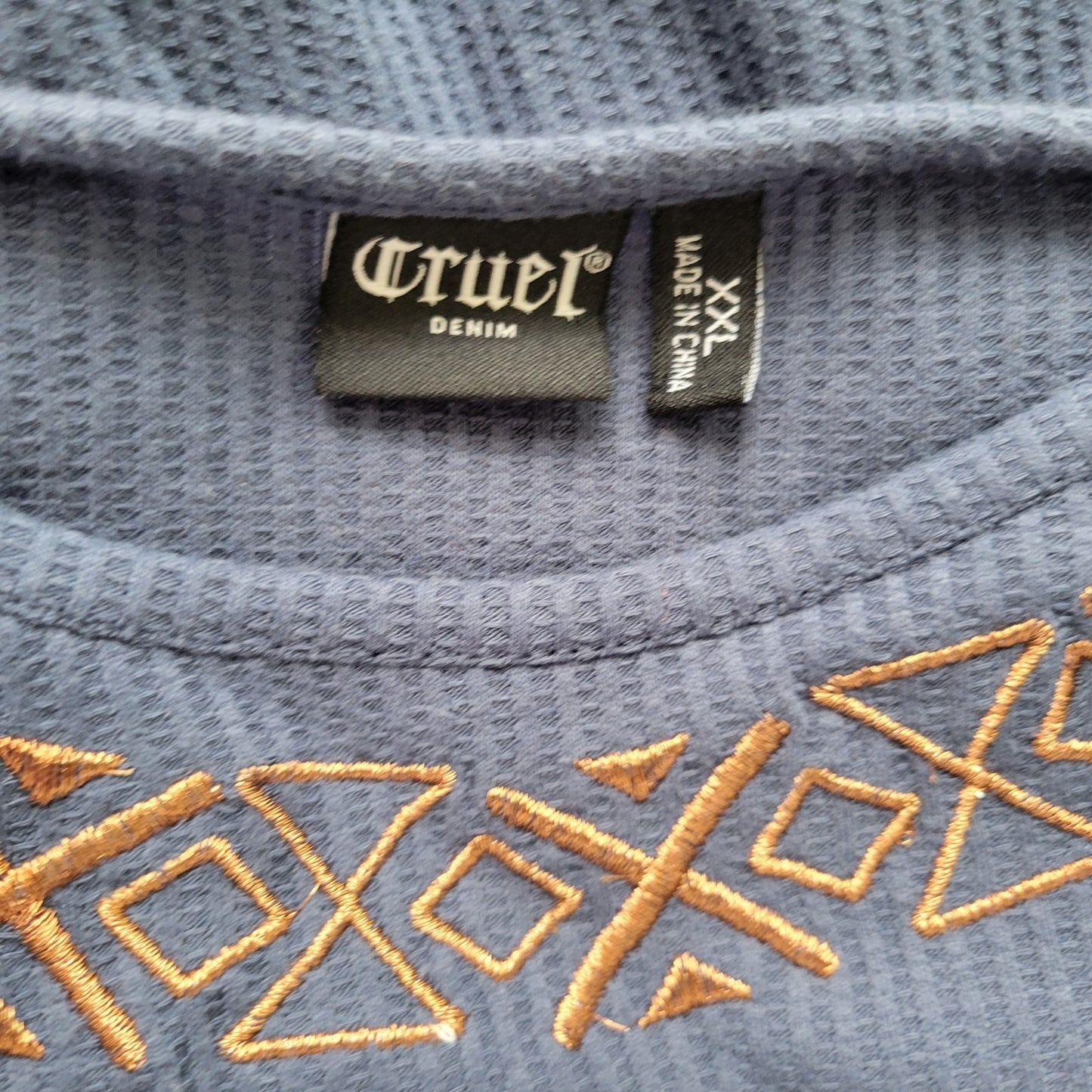 Cruel Denim Women Top XXL Plus 3/4 Sleeve Blue Embroidered Metallic Thread Comfy