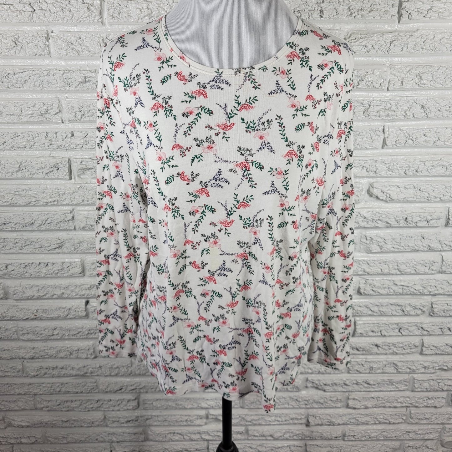 Croft & Barrow Womens XL Long Sleeve Cotton T-Shirt Red Birds Crew Neck Top