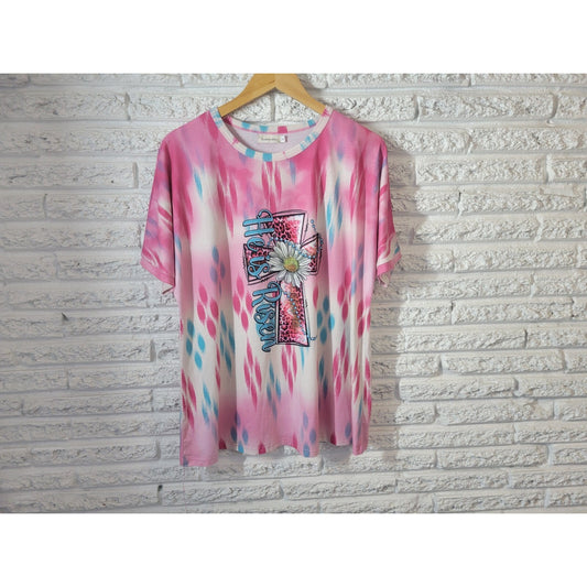 Easter Southern Stitch Women Top Extra Large XL Tee Pink He is Risen Cross Daisy